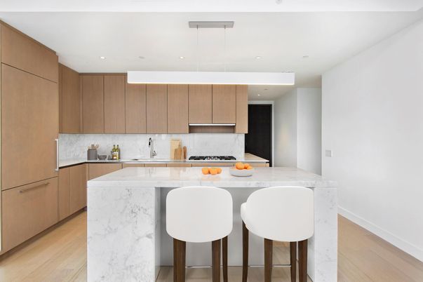 Interior, Kitchen, Marble Walls, Pendant Lights, Recessed Lighting, Wood Texture Flooring