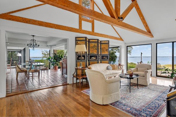 Chandelier, Dining room, Interior, Living room, Water, Wooden Beams, Wood Texture Flooring