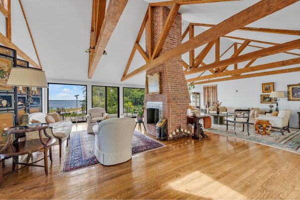 Fireplace, Interior, Living room, Stone Walls, Water, Wooden Beams, Wood Texture Flooring