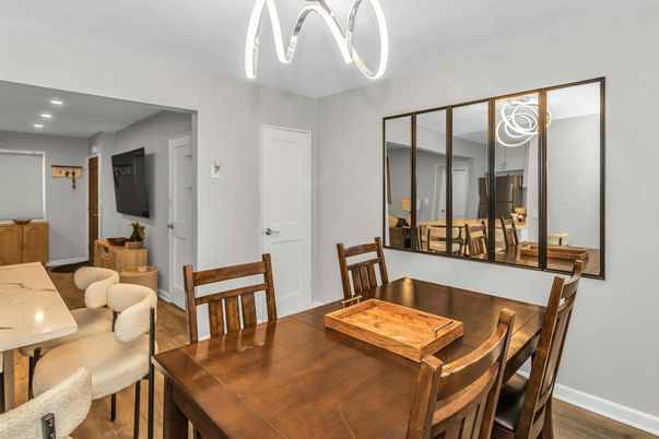 Dining room, Interior, Recessed Lighting, Wood Texture Flooring