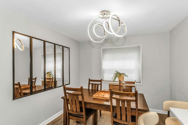 Dining room, Interior, Pendant Lights, Wood Texture Flooring