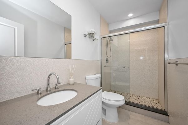 Bathroom, Glass Shower, Interior, Recessed Lighting