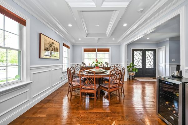 Dining room, Interior, Recessed Lighting, Wood Texture Flooring
