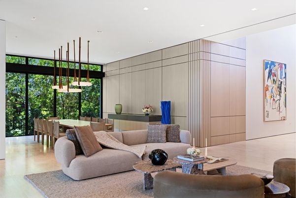 Dining room, Interior, Living room, Pendant Lights, Recessed Lighting, Wood Texture Flooring