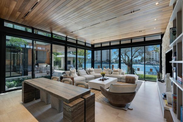 Interior, Living room, Recessed Lighting, Water, Wooden Ceilings