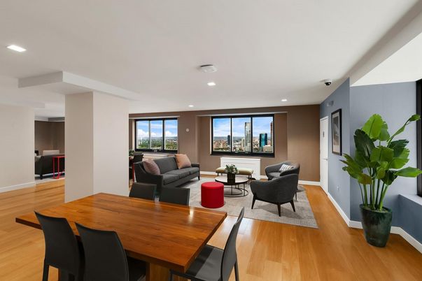 Dining room, Interior, Living room, Recessed Lighting, Wood Texture Flooring