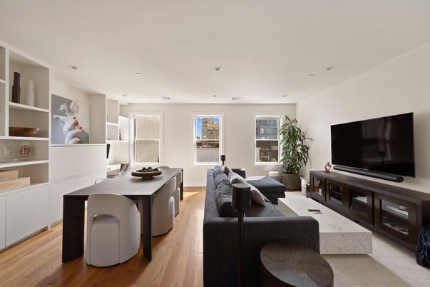 Dining room, Interior, Living room, Recessed Lighting, Wood Texture Flooring