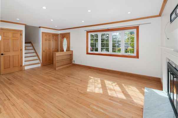 Empty room, Fireplace, Interior, Recessed Lighting, Wood Texture Flooring