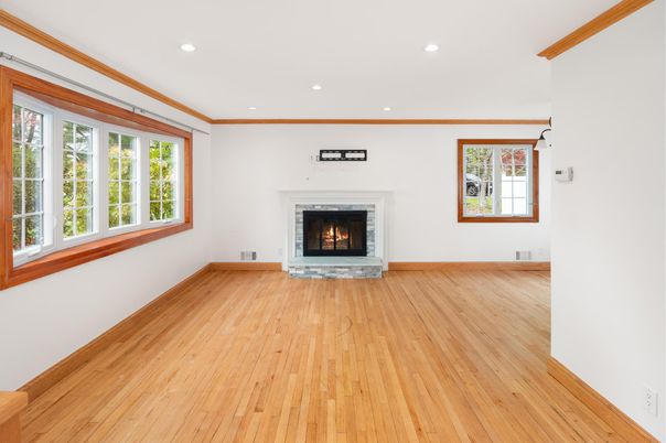 Empty room, Fireplace, Interior, Recessed Lighting, Wood Texture Flooring