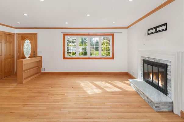 Empty room, Fireplace, Interior, Recessed Lighting, Wood Texture Flooring