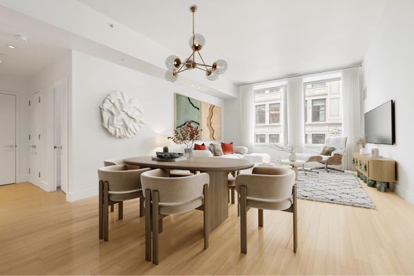 Dining room, Interior, Living room, Pendant Lights, Recessed Lighting, Wood Texture Flooring