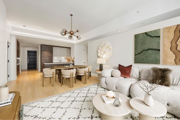Dining room, Interior, Kitchen, Living room, Pendant Lights, Recessed Lighting, Stainless Steel Appliances, Wood Texture Flooring