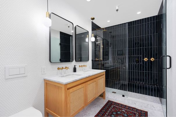 Bathroom, Dual Sink Vanities, Glass Shower, Interior, Marble, Pendant Lights, Recessed Lighting