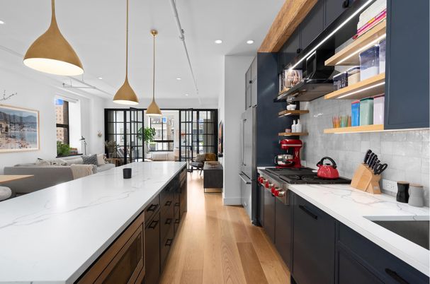 Dining room, Interior, Kitchen, Pendant Lights, Recessed Lighting, Stainless Steel Appliances, Wooden Beams, Wood Texture Flooring