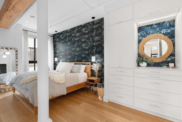 Bedroom, Interior, Pendant Lights, Recessed Lighting, Wood Texture Flooring