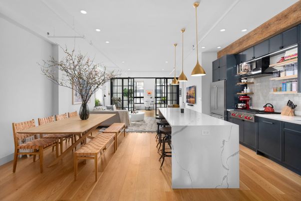 Dining room, Interior, Kitchen, Living room, Pendant Lights, Recessed Lighting, Stainless Steel Appliances, Wood Texture Flooring