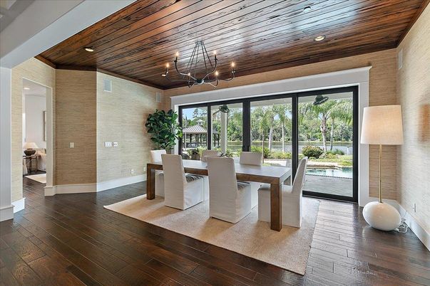 Dining room, Interior, Pendant Lights, Recessed Lighting, Wooden Ceilings, Wood Texture Flooring