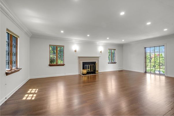 Empty room, Fireplace, Interior, Recessed Lighting, Wood Texture Flooring