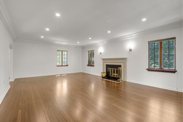 Empty room, Fireplace, Interior, Recessed Lighting, Wood Texture Flooring