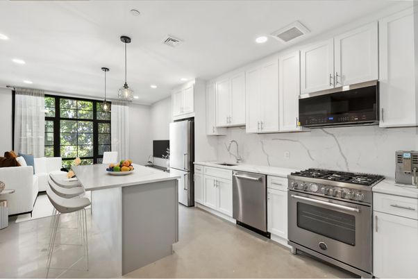Interior, Kitchen, Marble Walls, Pendant Lights, Recessed Lighting, Stainless Steel Appliances