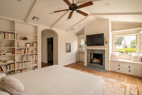 Bedroom, Fireplace, Interior, Wood Texture Flooring