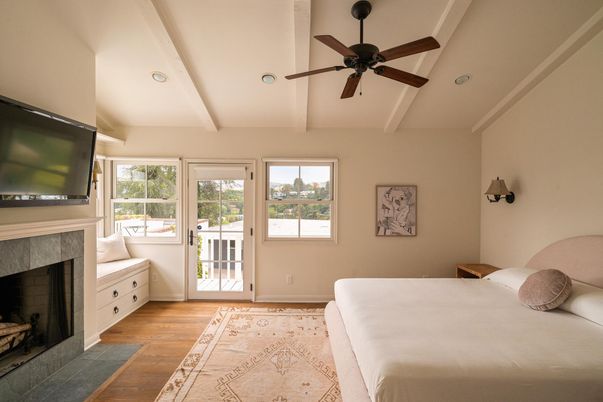 Bedroom, Fireplace, Interior, Wood Texture Flooring