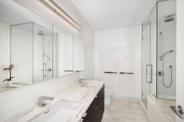 Bathroom, Dual Sink Vanities, Glass Shower, Interior, Marble, Recessed Lighting