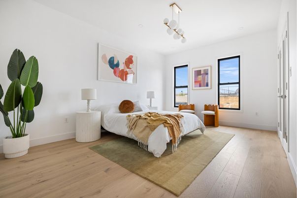 Bedroom, Interior, Pendant Lights, Wood Texture Flooring