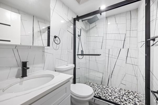Bathroom, Glass Shower, Interior, Marble Walls, Recessed Lighting