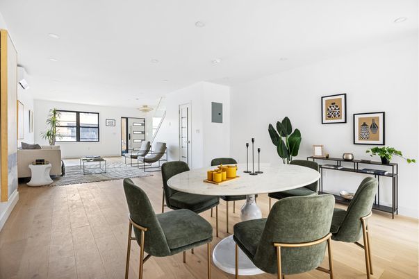 Dining room, Interior, Living room, Recessed Lighting, Wood Texture Flooring