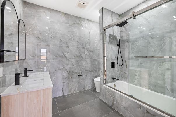 Bathroom, Glass Shower, Interior, Marble Walls, Recessed Lighting