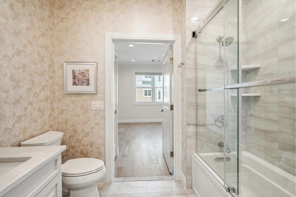 Bathroom, Glass Shower, Interior, Recessed Lighting, Wood Texture Flooring