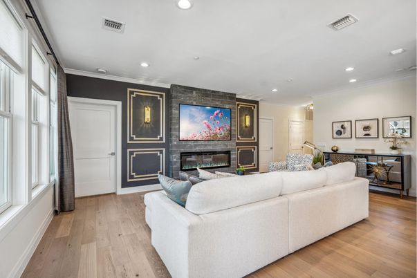 Fireplace, Interior, Living room, Recessed Lighting, Wood Texture Flooring