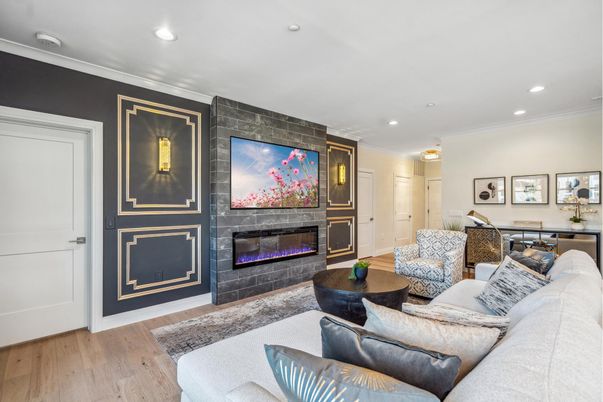 Fireplace, Interior, Living room, Recessed Lighting, Wood Texture Flooring