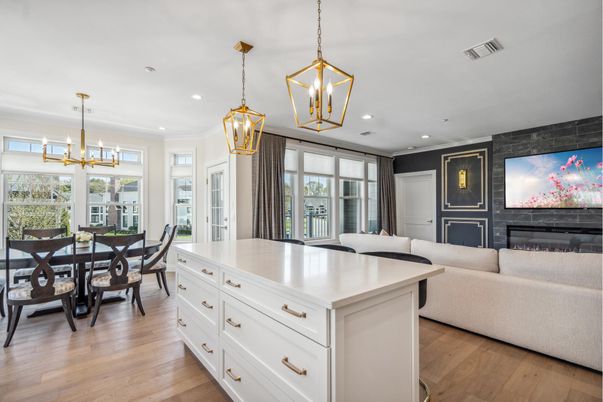 Dining room, Fireplace, Interior, Kitchen, Living room, Pendant Lights, Recessed Lighting, Wood Texture Flooring