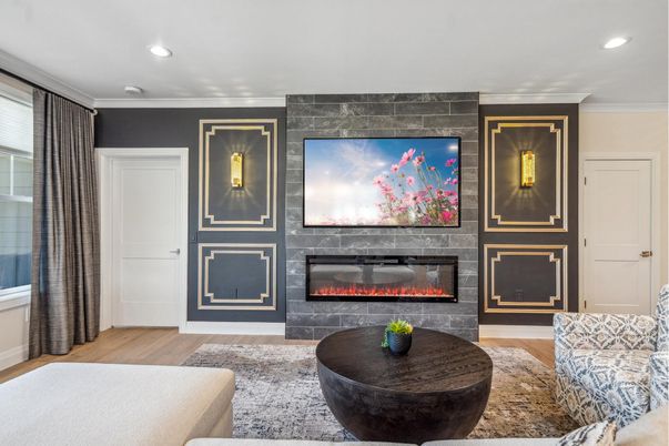 Fireplace, Interior, Living room, Recessed Lighting, Wood Texture Flooring