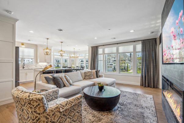Fireplace, Interior, Kitchen, Living room, Pendant Lights, Recessed Lighting, Wood Texture Flooring
