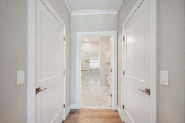 Bathroom, Interior, Marble, Marble Walls, Recessed Lighting, Wood Texture Flooring
