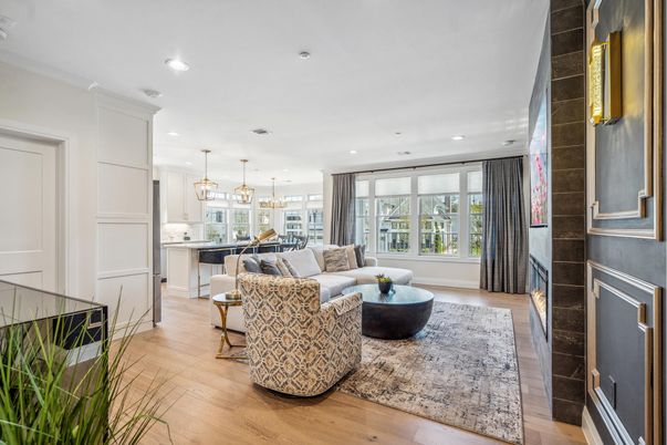 Fireplace, Interior, Kitchen, Living room, Pendant Lights, Recessed Lighting, Wood Texture Flooring