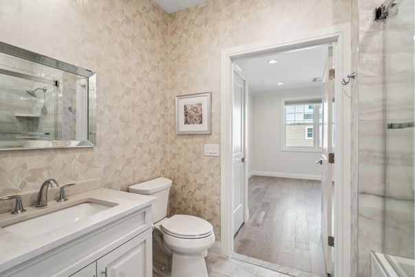 Bathroom, Glass Shower, Interior, Recessed Lighting, Wood Texture Flooring