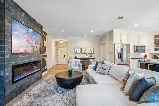 Fireplace, Interior, Kitchen, Living room, Recessed Lighting, Stainless Steel Appliances, Wood Texture Flooring