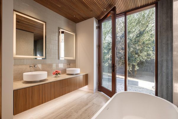 Bathroom, Dual Sink Vanities, Free Standing Baths, Interior, Wood Texture Flooring