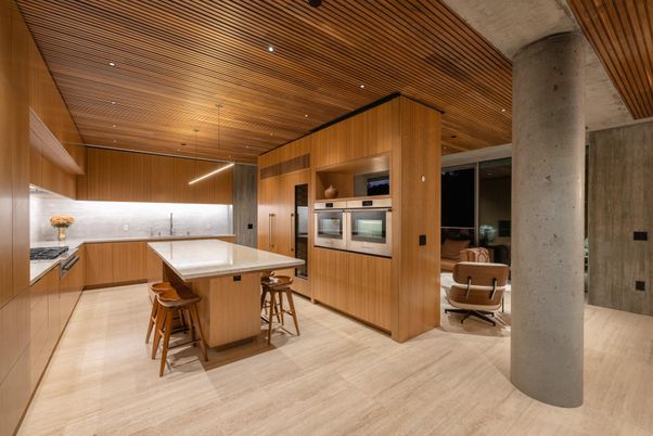 Interior, Kitchen, Recessed Lighting, Stainless Steel Appliances, Wooden Ceilings, Wood Texture Flooring, Wooden Walls