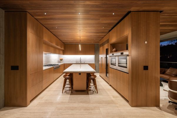 Interior, Kitchen, Recessed Lighting, Wooden Ceilings, Wood Texture Flooring, Wooden Walls