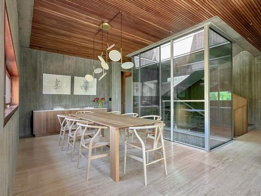 Dining room, Interior, Pendant Lights, Wooden Ceilings, Wood Texture Flooring