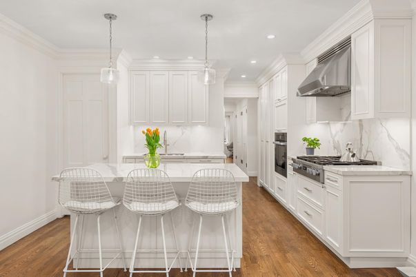 Interior, Kitchen, Marble Walls, Pendant Lights, Recessed Lighting, Stainless Steel Appliances, Wood Texture Flooring