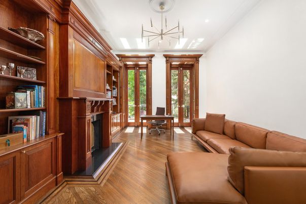 Fireplace, Home Office, Interior, Living room, Pendant Lights, Recessed Lighting, Wood Texture Flooring