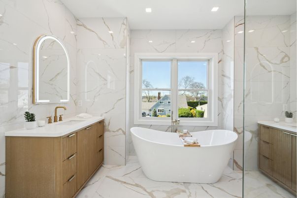 Bathroom, Free Standing Baths, Interior, Marble, Marble Walls, Recessed Lighting
