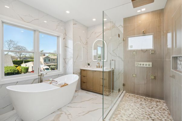 Bathroom, Dual Sink Vanities, Free Standing Baths, Glass Shower, Interior, Marble, Marble Walls, Recessed Lighting