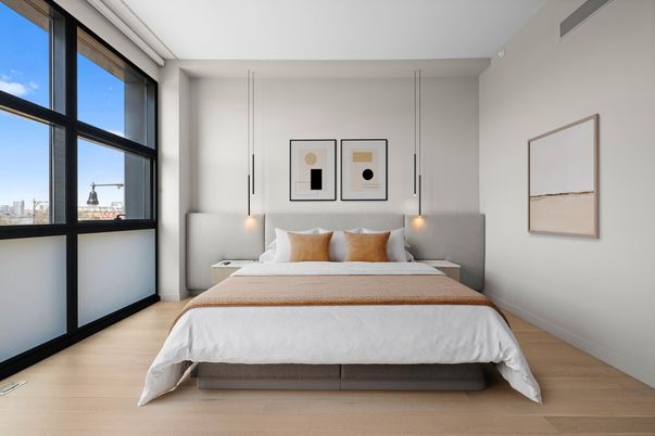 Bedroom, Interior, Pendant Lights, Wood Texture Flooring